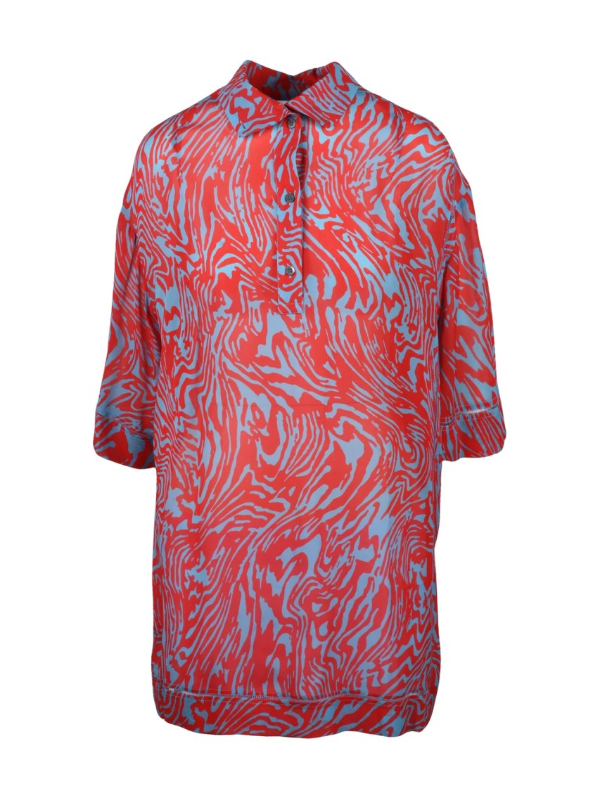 Dries Van Noten Sky Blue Red Long Chiffon Viscose Blouse