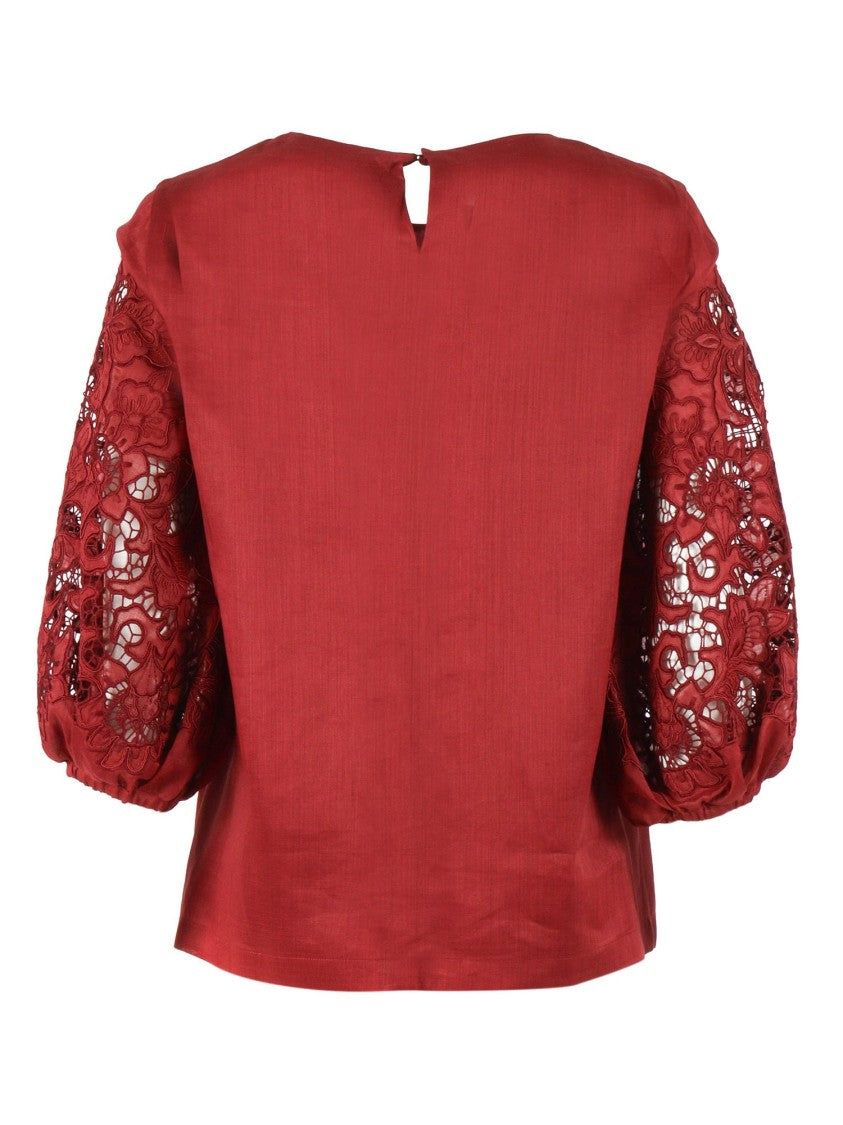 Max Mara Voluminous Red Top With Floral Lace Cutouts