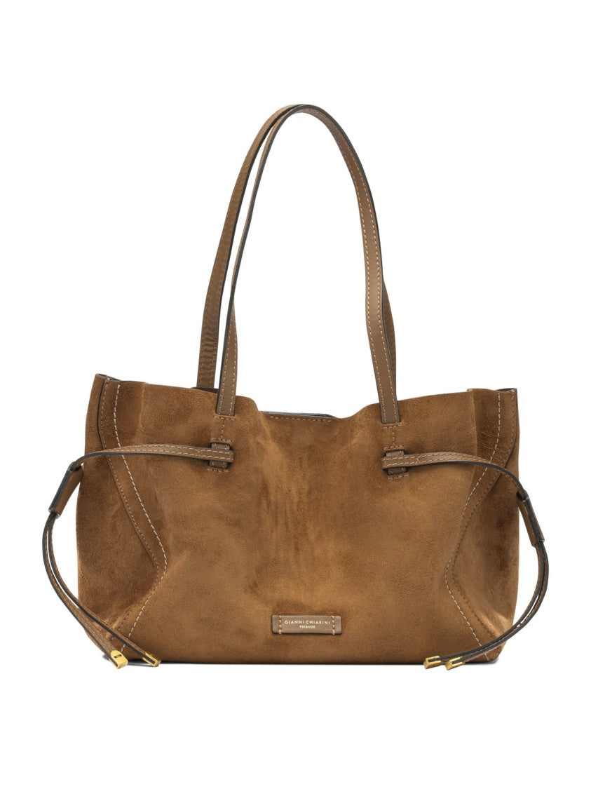 Gianni Chiarini Medium Brown Suede Shoulder Bag With Drawstring Detail