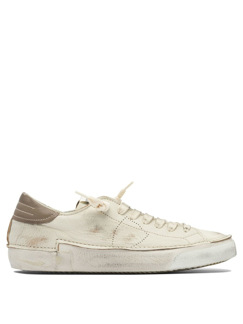 Philippe Model Paris Distressed Off-White Leather Sneakers With Brown Accents