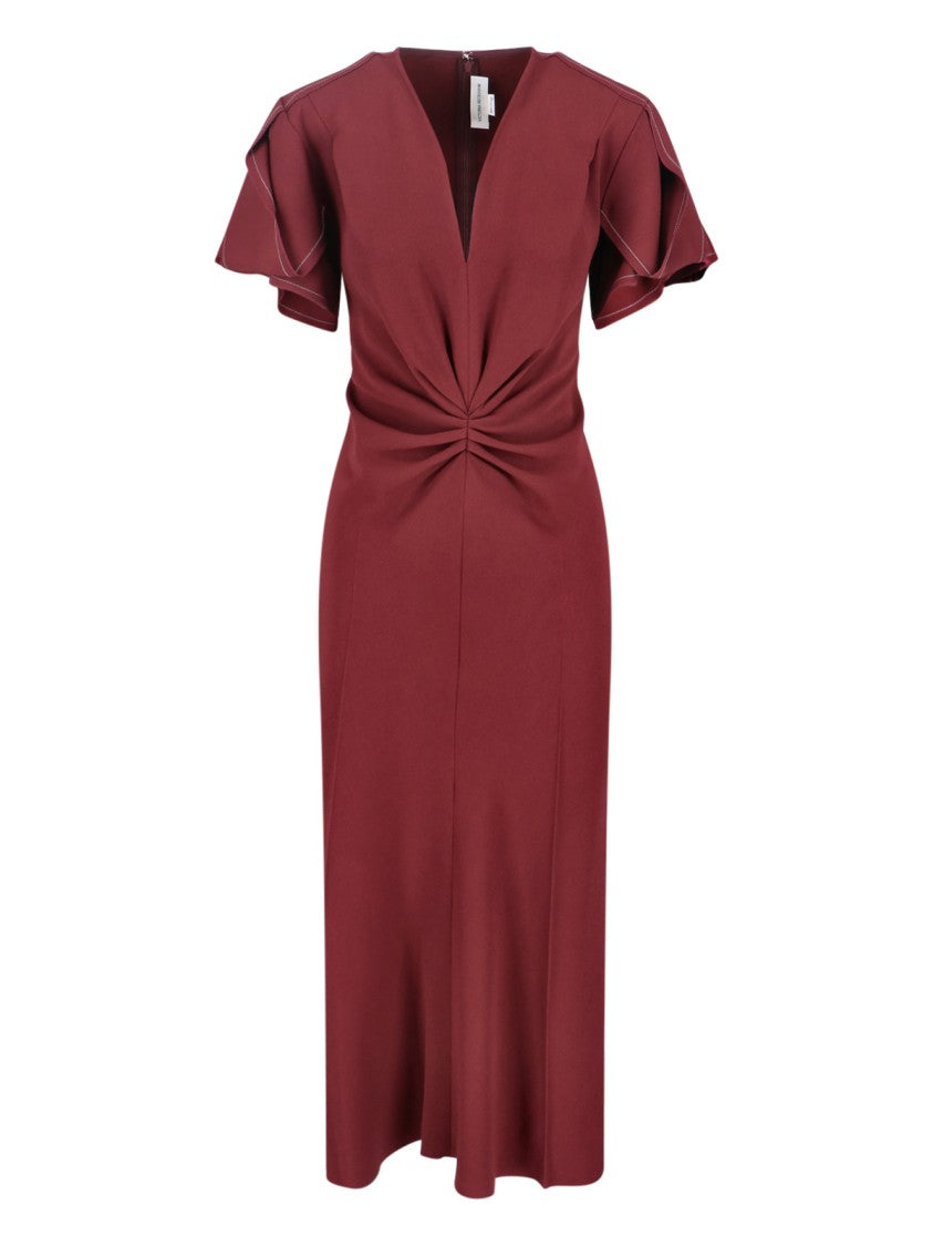 Victoria Beckham V-Neck Draped Midi Dress With Contrast Stitching