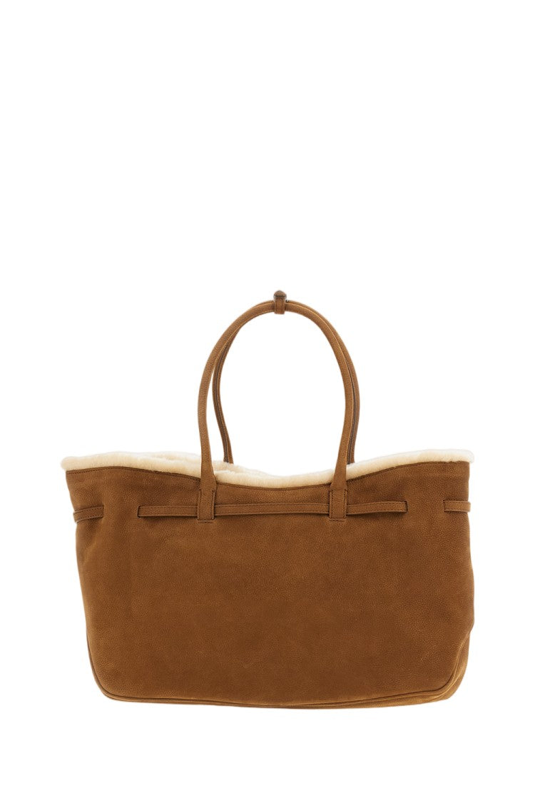 Margesherwood Oversized Leather Shoulder Bag With Shearling Trim And Adjustable Strap