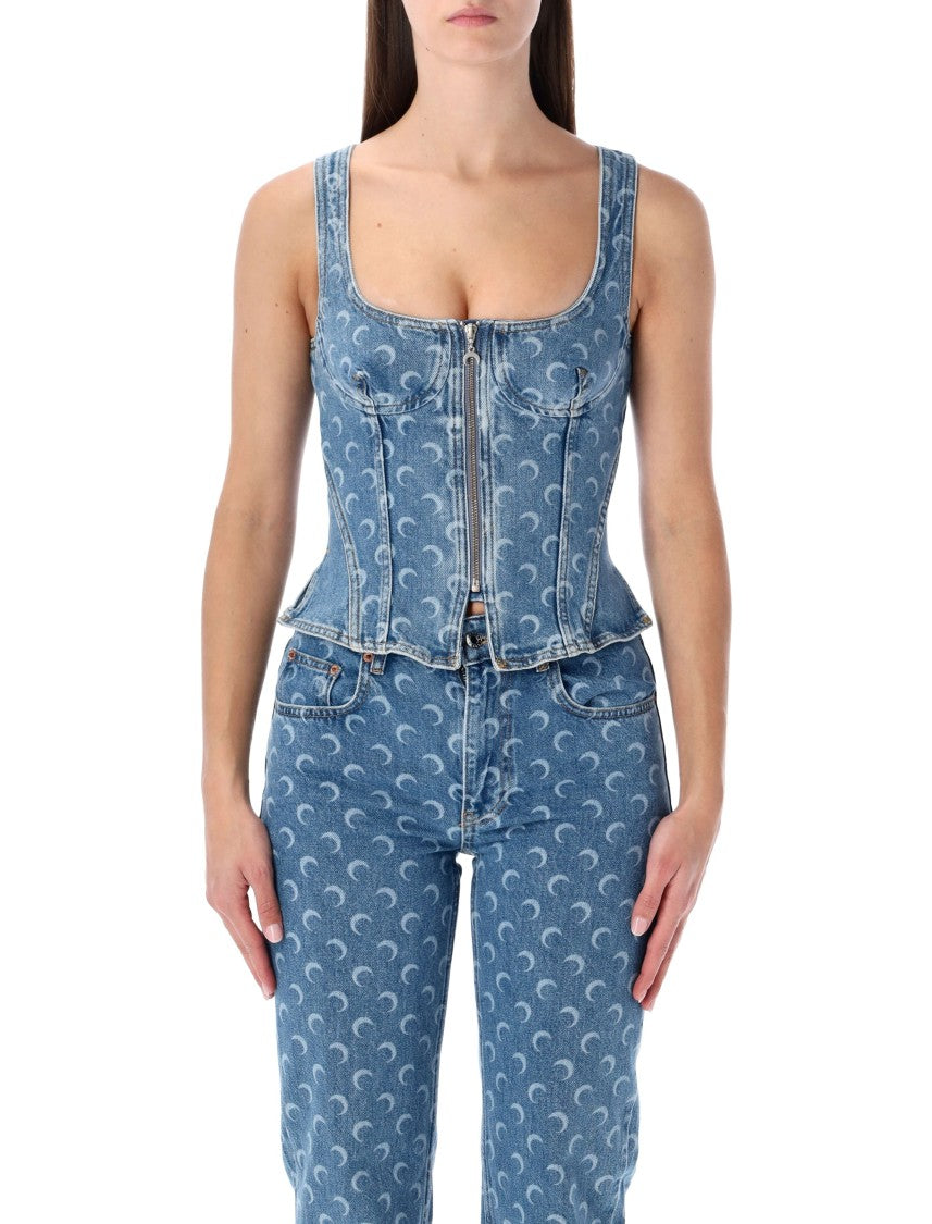 Marine Serre Blue Moon Allover Denim Bustier Top