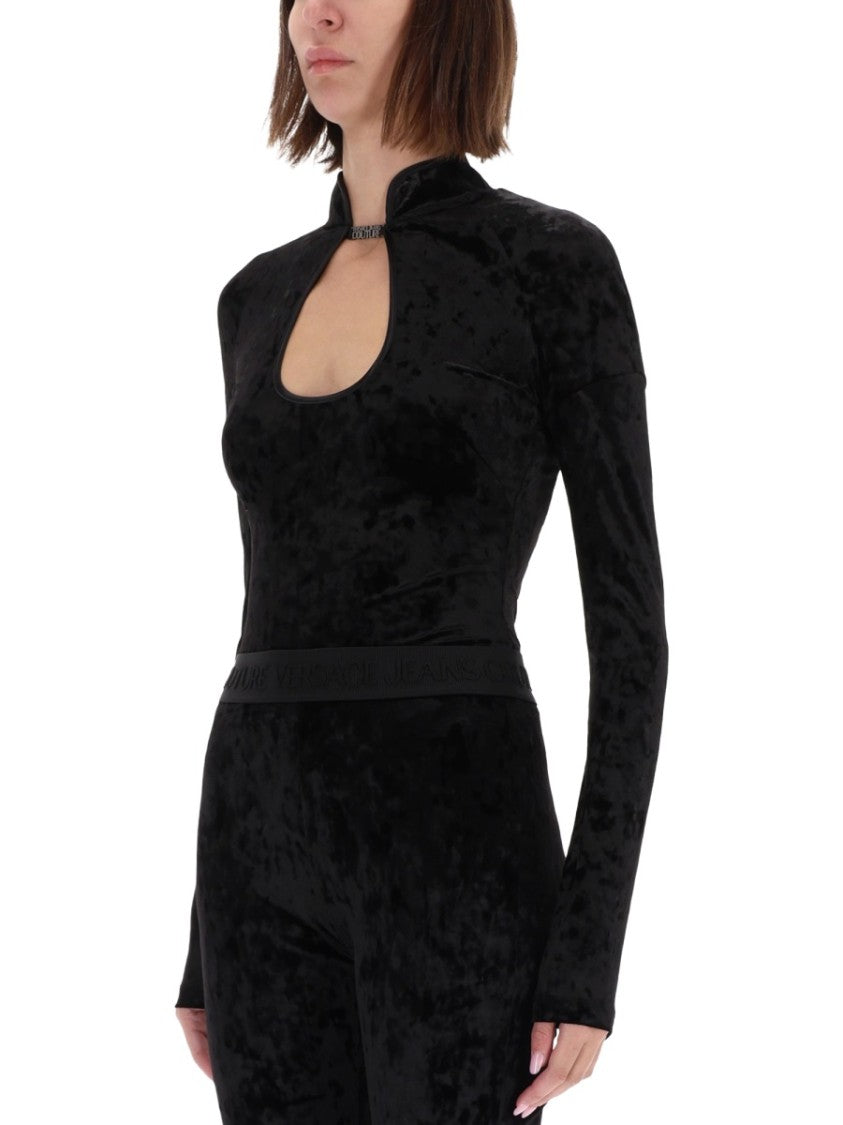 Versace Jeans Couture Black Velvety Keyhole Long-Sleeved Top