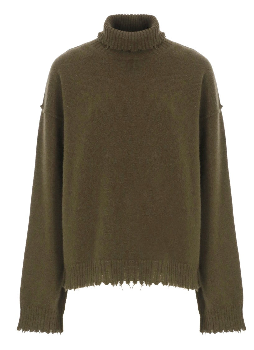 Uma Wang High Neck Cashmere Sweater With Distressed Hem