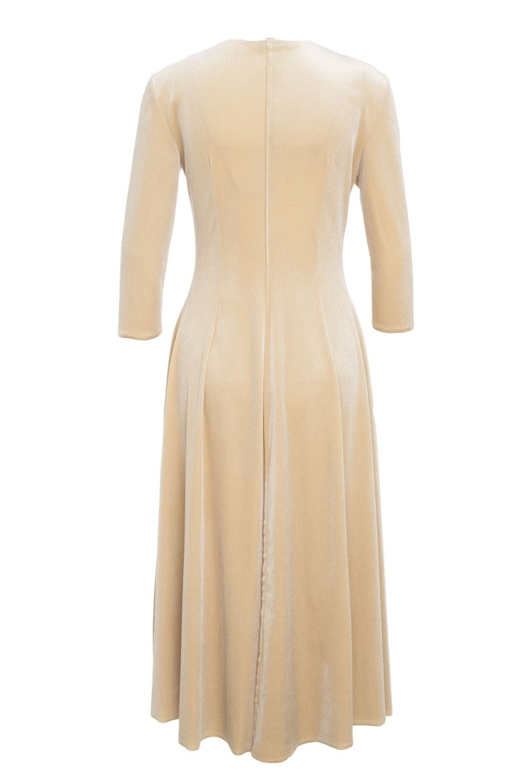 Gender Beige Velvet Maxi Dress With Three-Quarter Sleeves