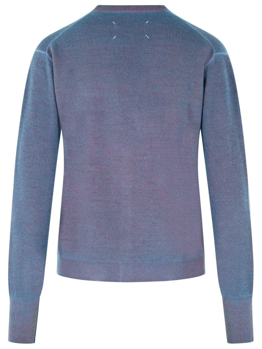 Maison Margiela Virgin Wool Cardigan With Light Blue And Red V-Neck