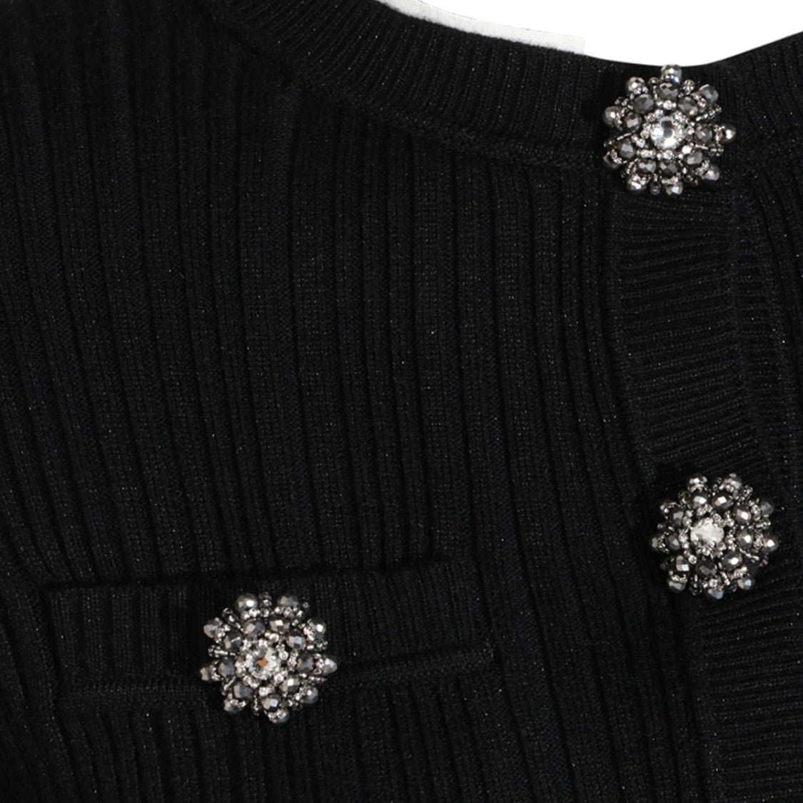 Self-Portrait Fitted Ribbed Knit Pleated Jewel Button Midi Dress