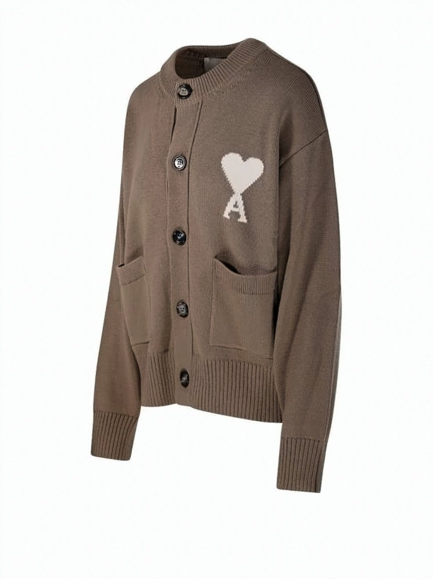 Ami Paris Navy Blue Wool And Cotton Blend Heart Cardigan