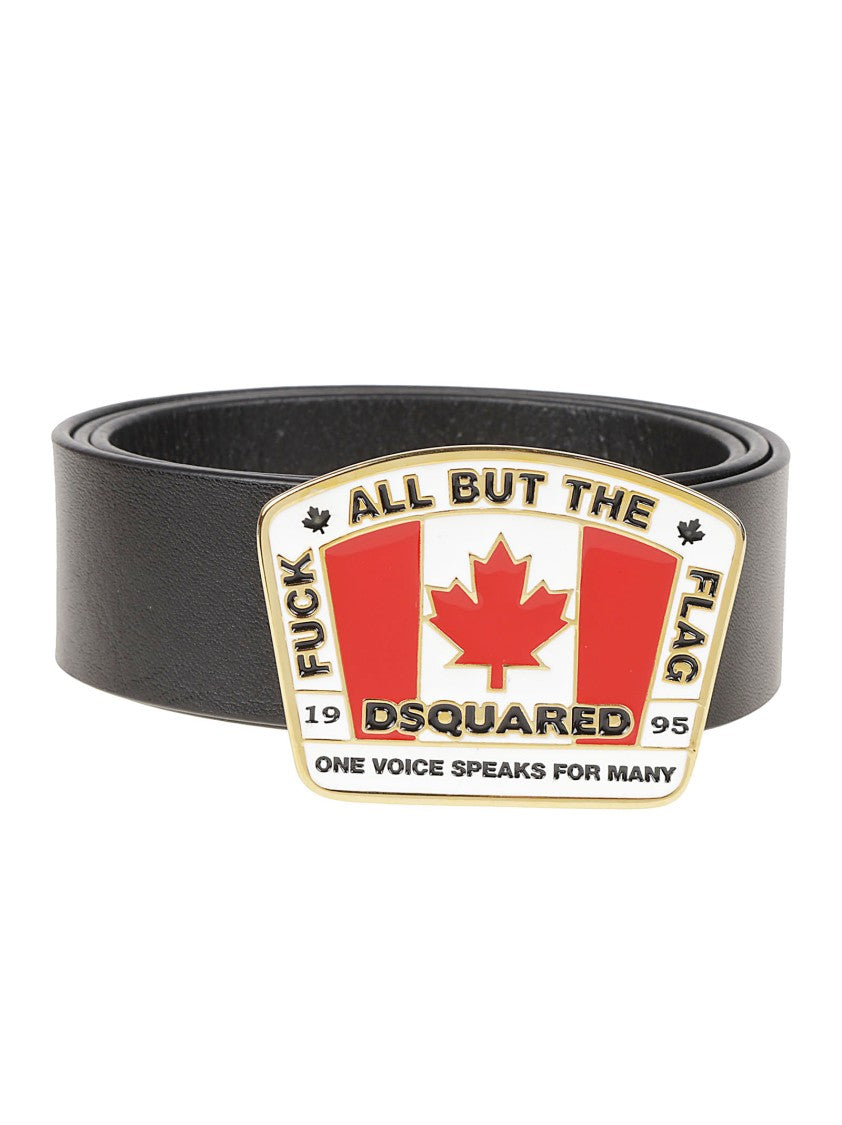 Dsquared2 Canadian Flag Plaque Rectangular Buckle Calf Leather Belt