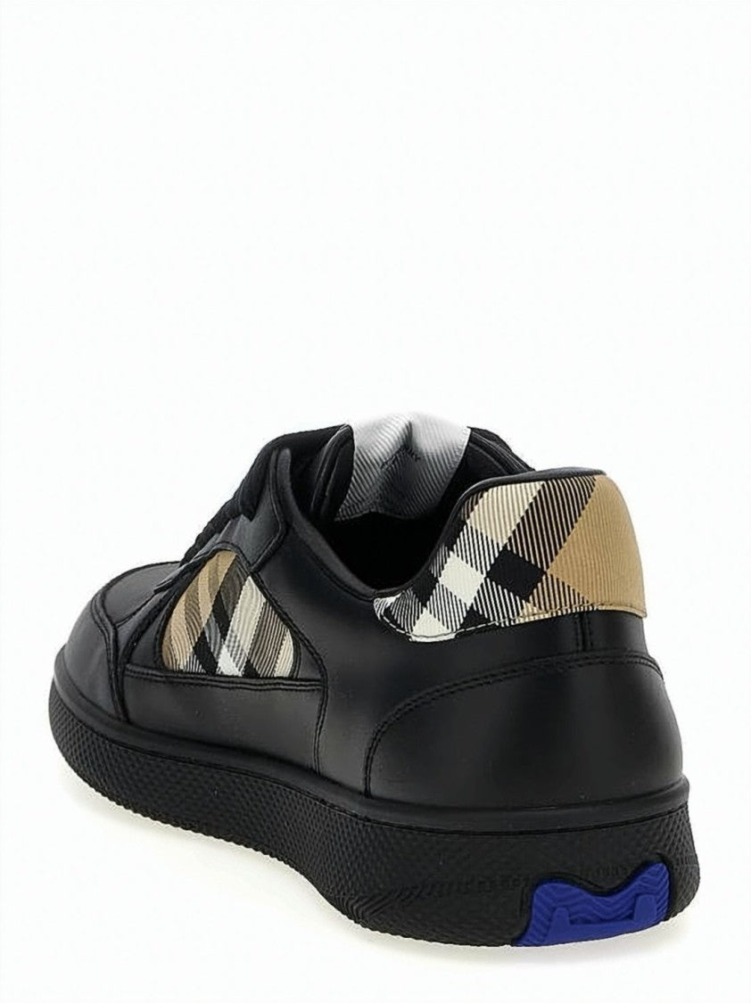 Burberry Check Pattern Black Leather Low-Top Sneakers