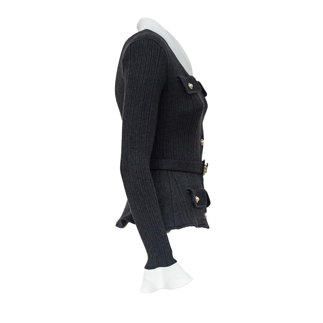 Self-Portrait Ribbed Knit Cardigan With Contrasting Collar And Pearl Accents