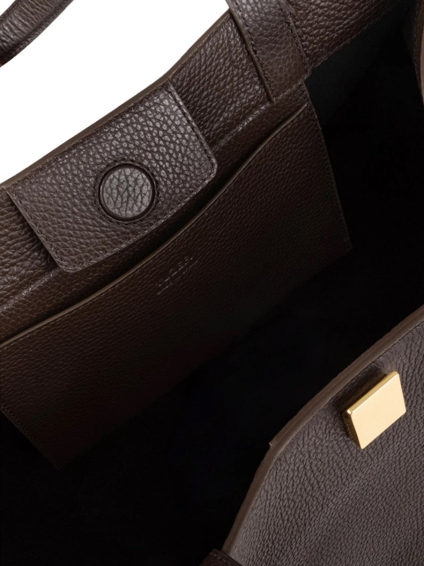 Yuzefi Structured Brown Leather Tote Bag With Gold-Tone Clasp