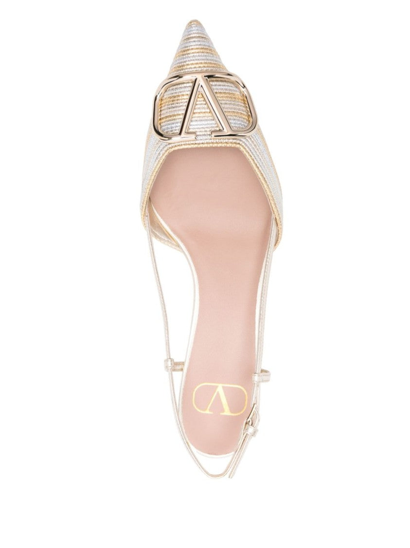 Valentino Garavani Vlogo Signature Silver Leather Pumps With Pointed Toe And Side Buckle