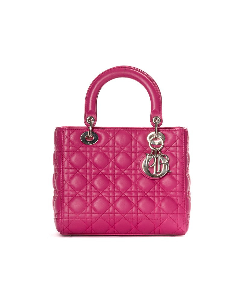 Dior Fuchsia Vintage Cannage Lady Medium Leather Tote Bag