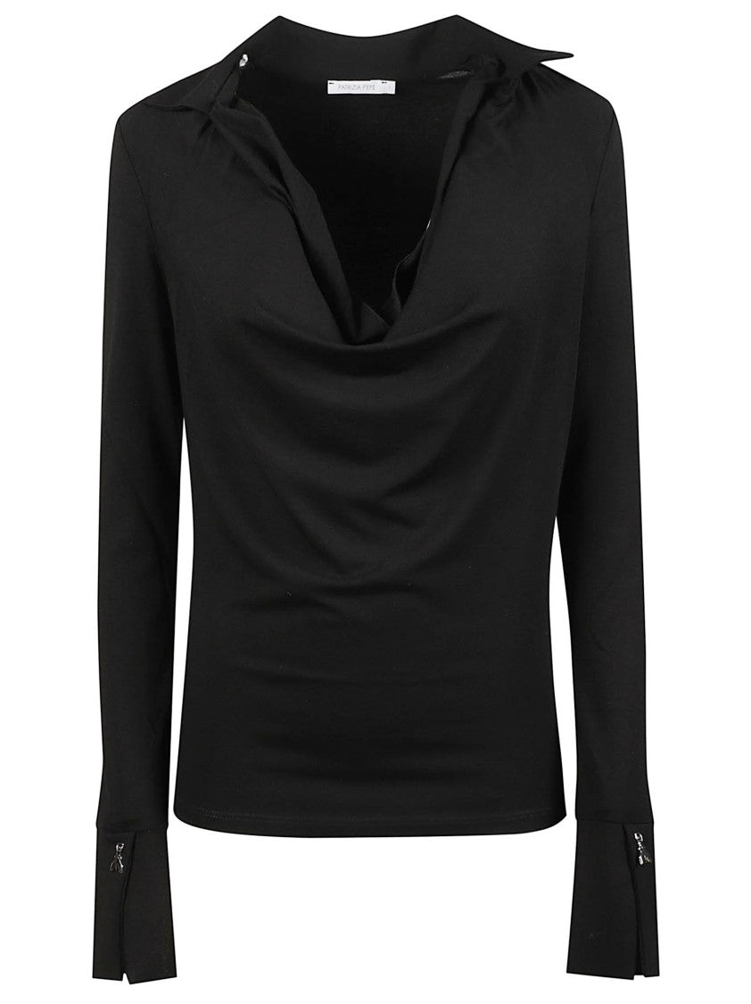 Patrizia Pepe Draped Cowl-Neck Long-Sleeve Viscose-Blend Top