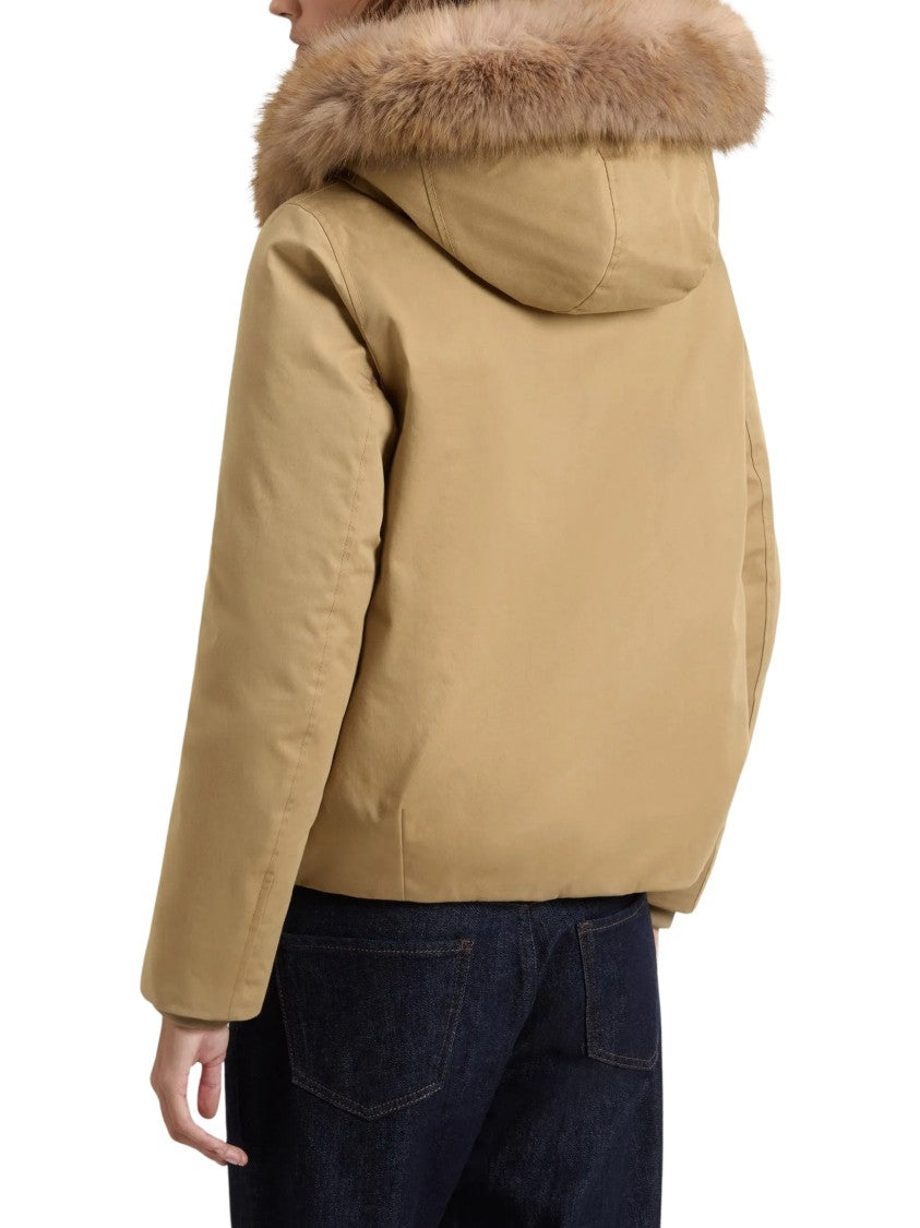 Woolrich Beige Short Cotton Faux Fur Trimmed Parka
