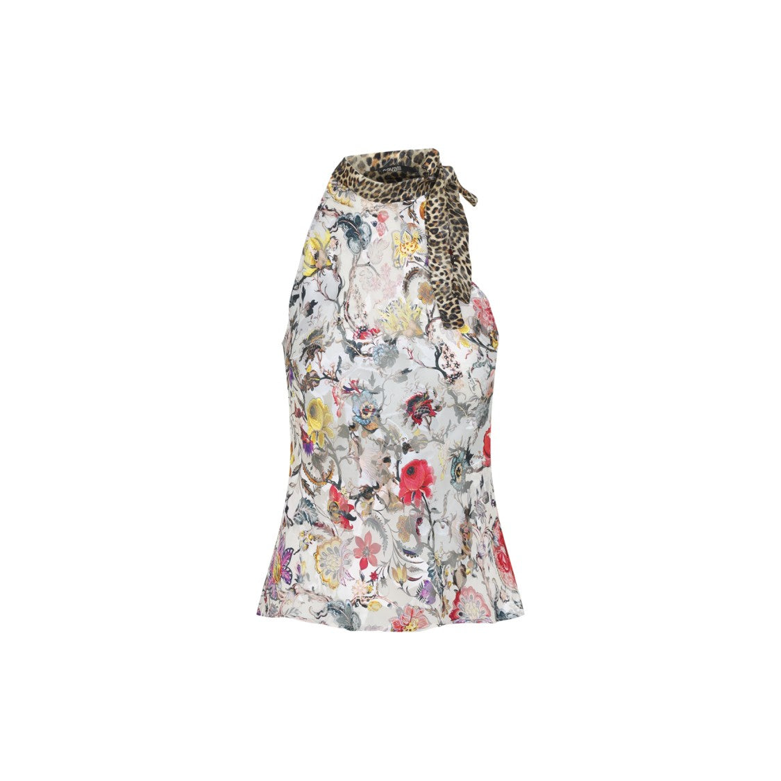 Roberto Cavalli Floral Print Sleeveless Top With Leopard Scarf Tie