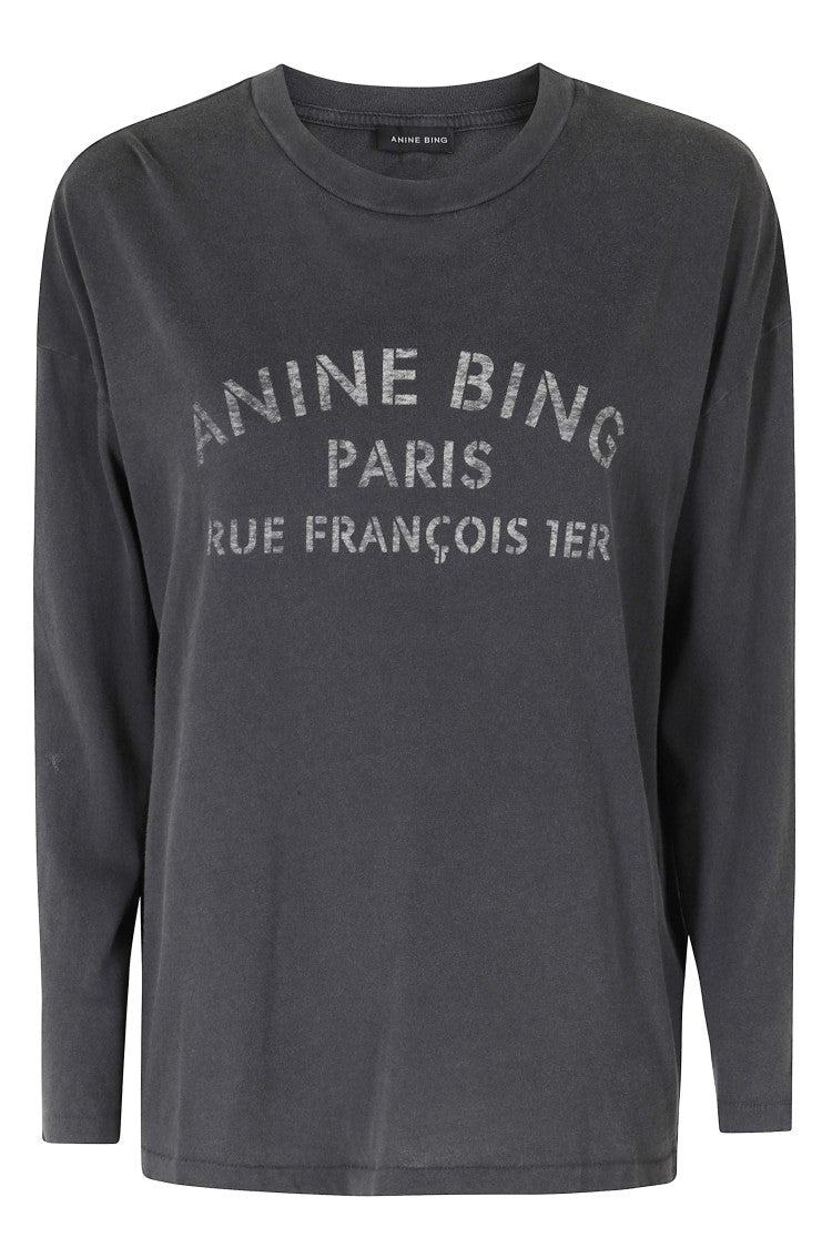 Anine Bing Black Ivan Paris Stencil Long-Sleeve Cotton T-Shirt