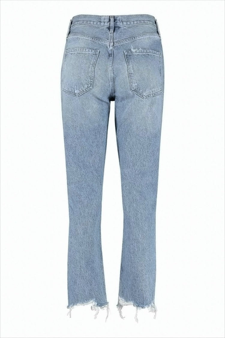 Agolde Light Blue Cropped Denim Pants With Frayed Hem