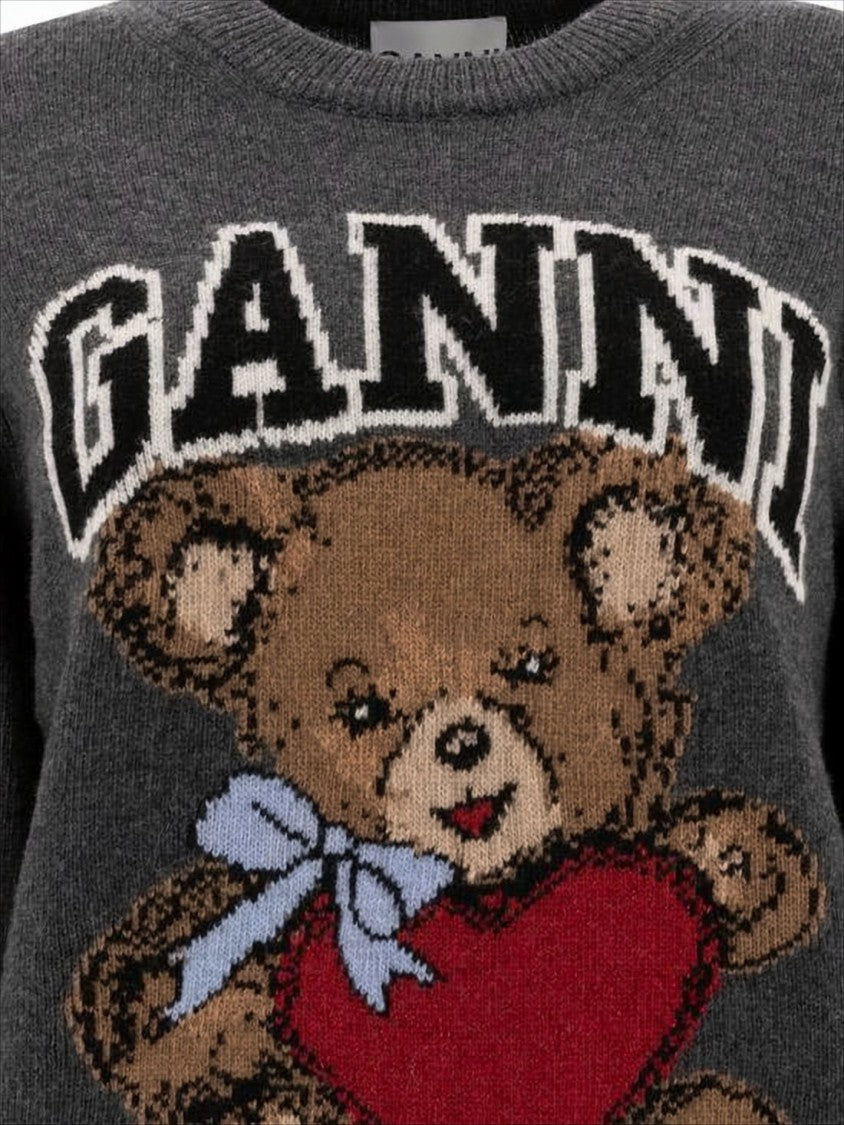Ganni Cropped Dark Grey Knit Sweater With Teddy Bear Graphic