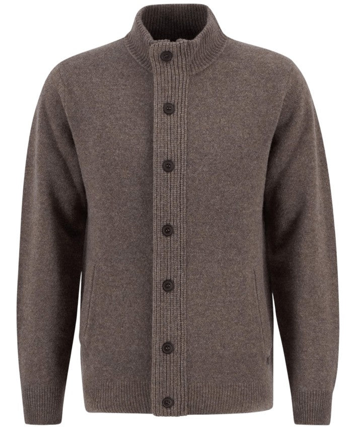 Barbour Textured Lambswool Cardigan With Suede Elbow Patches