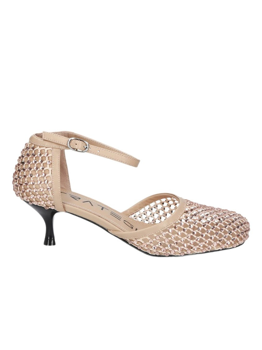 Strategia Perforated Fabric Ankle Strap Pumps With Rhinestone Embellishments