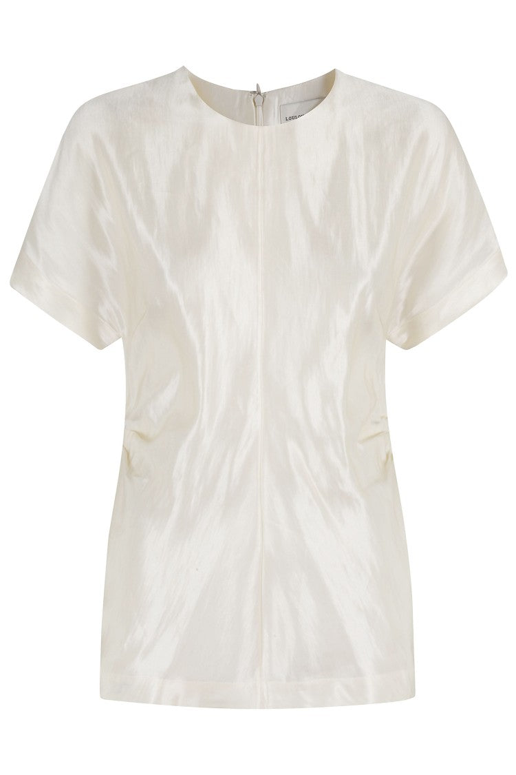 Loulou De Saison Pero Ivory Draped Linen-Silk Short-Sleeve Blouse