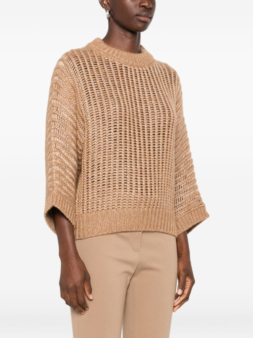Peserico Boxy Beige Knit Sweater With Open-Weave Design