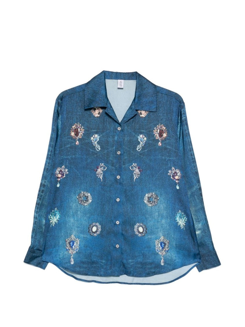 Liu Jo Blue Denim-Effect Digital-Print Shirt