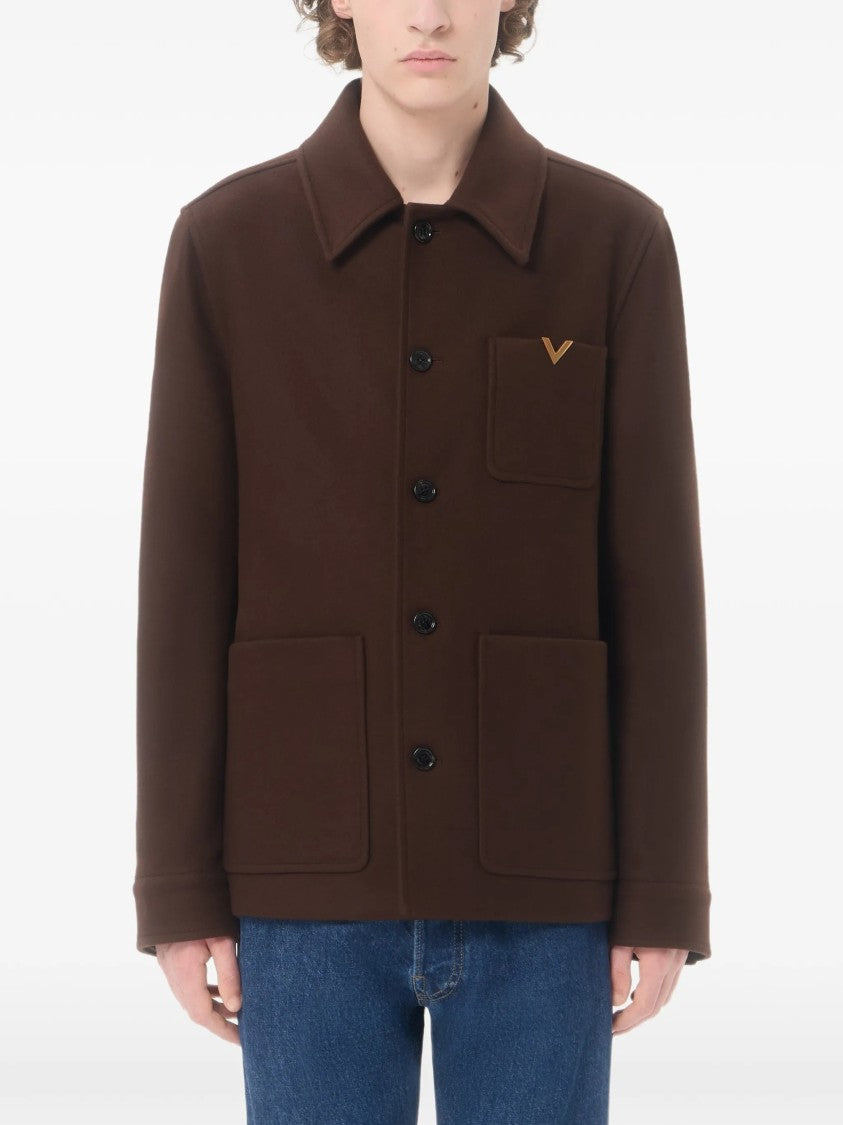 Valentino Boxy Wool Caban Jacket With Classic Collar And Metallic Detail