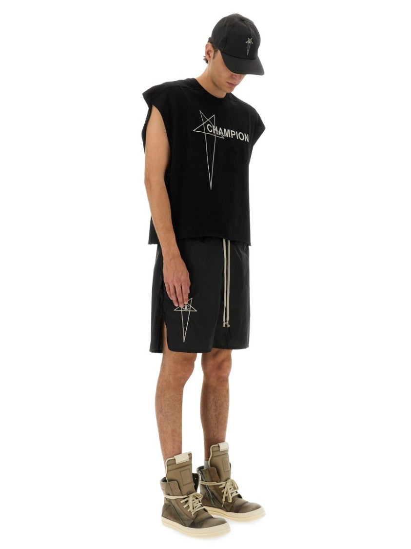 Champion X Rick Owens Black Nylon Shorts With Elastic Waistband