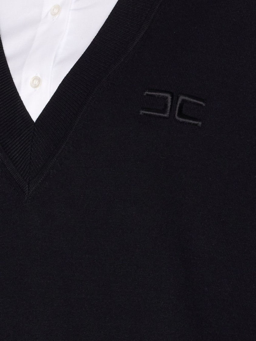 Elisabetta Franchi Layered Black Dress With V-Neck And Logo Detail