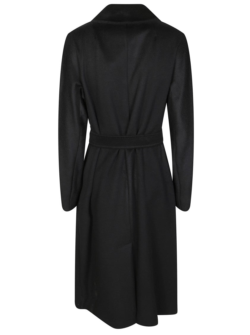 Max Mara Black Belted Long Coat With Notched Collar And Smooth Finish