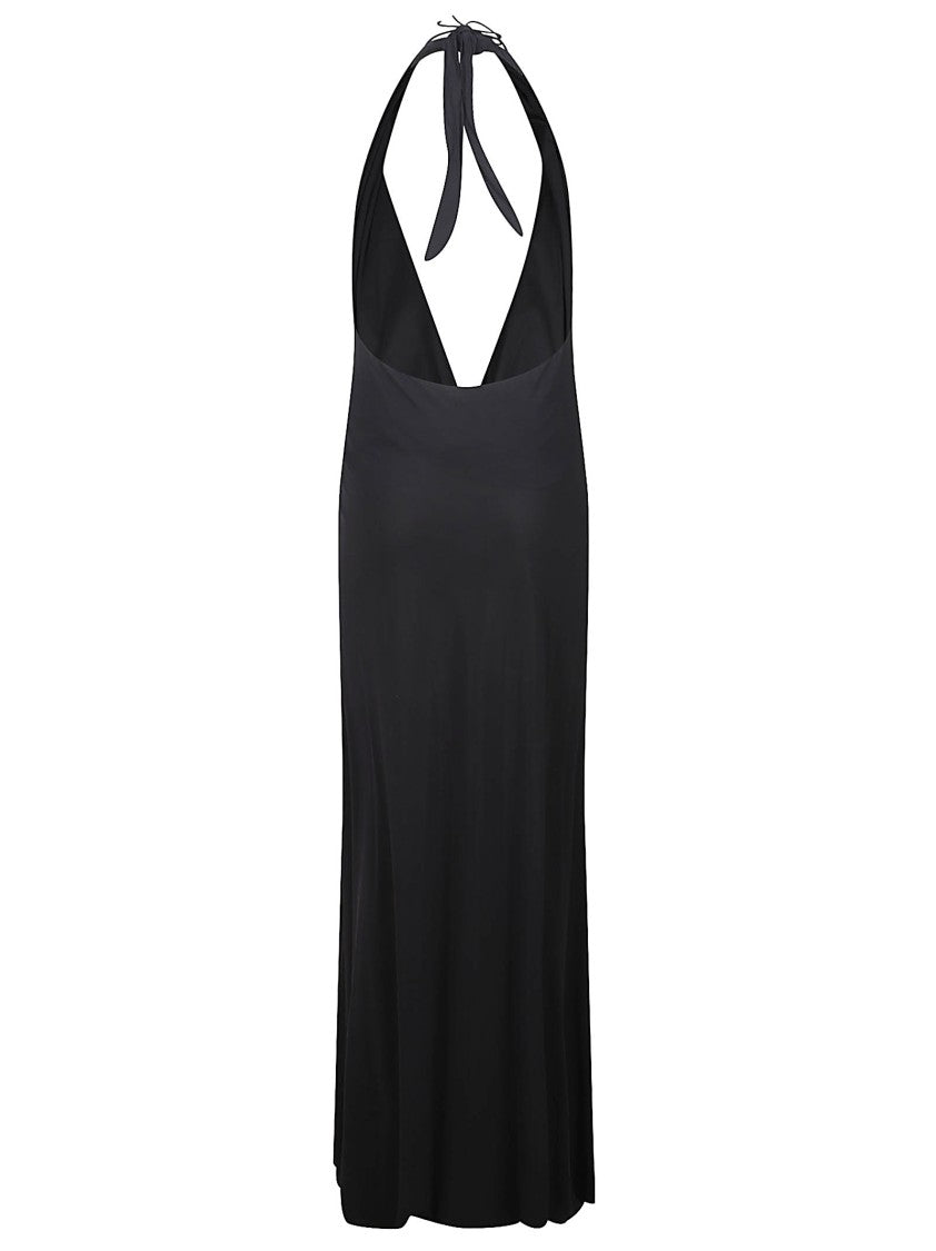 Amazuin Long Deep Black Dress With Plunging Neckline