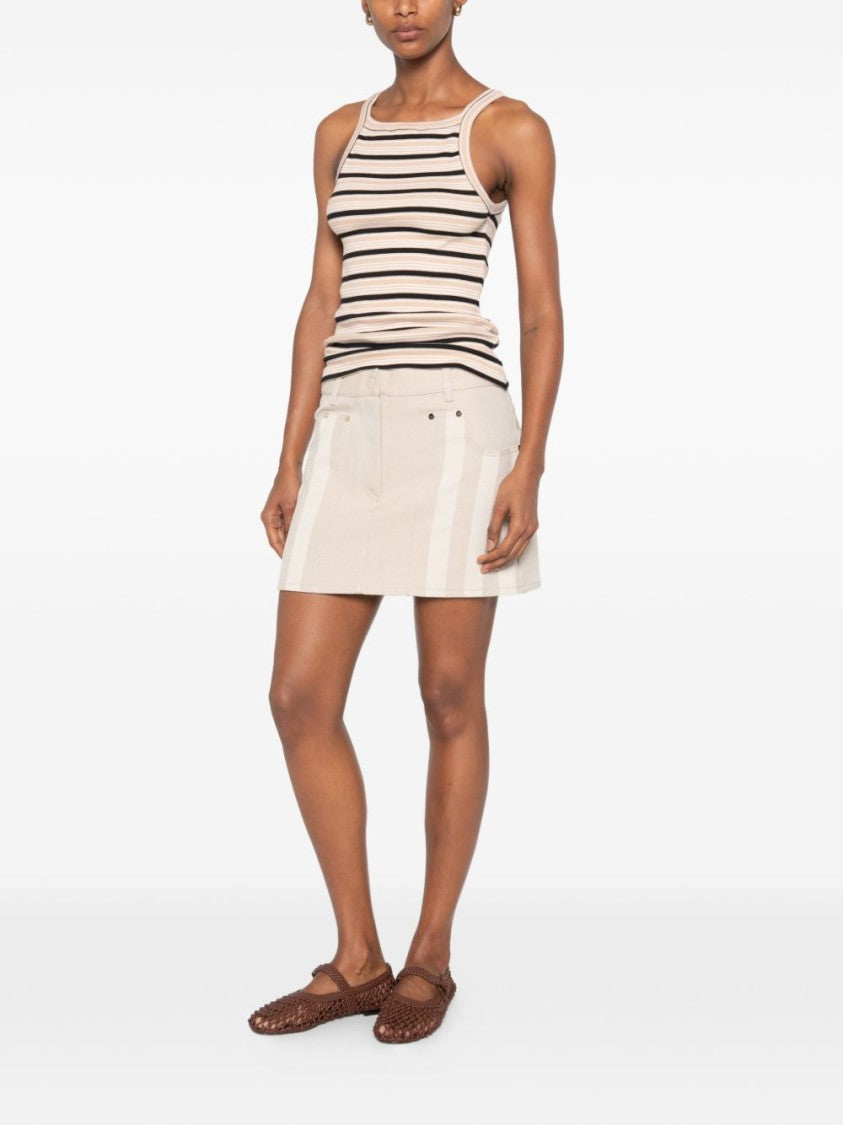 Fendi Ribbed Horizontal Stripes Leather Detail Tank Top