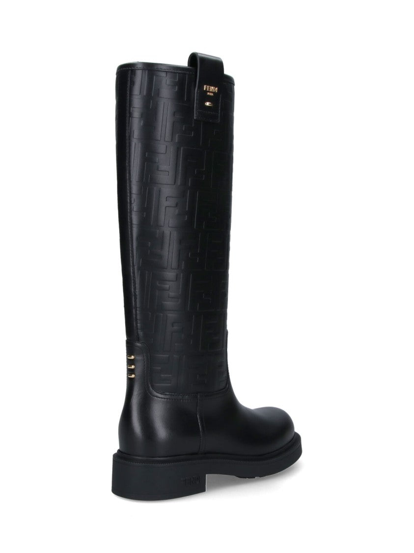 Fendi Tall Black Calf Leather Boots With Embossed Ff Pattern And Gold Accents