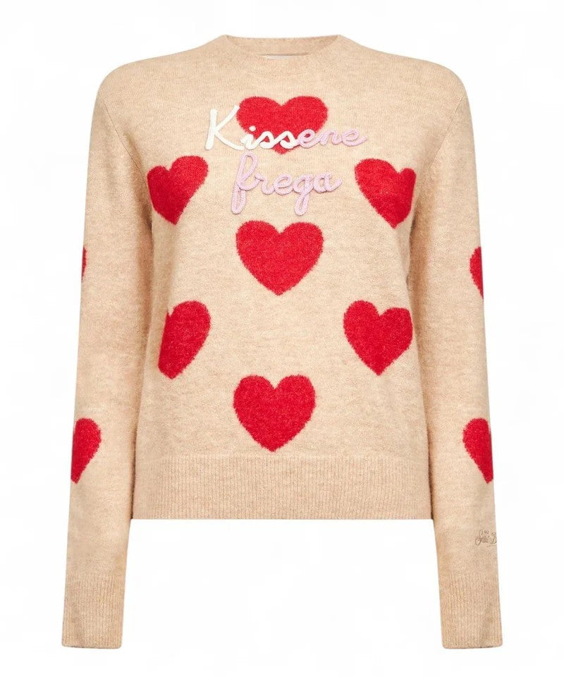 Mc2 Saint Barth Beige Alpaca Sweater With Heart Motifs