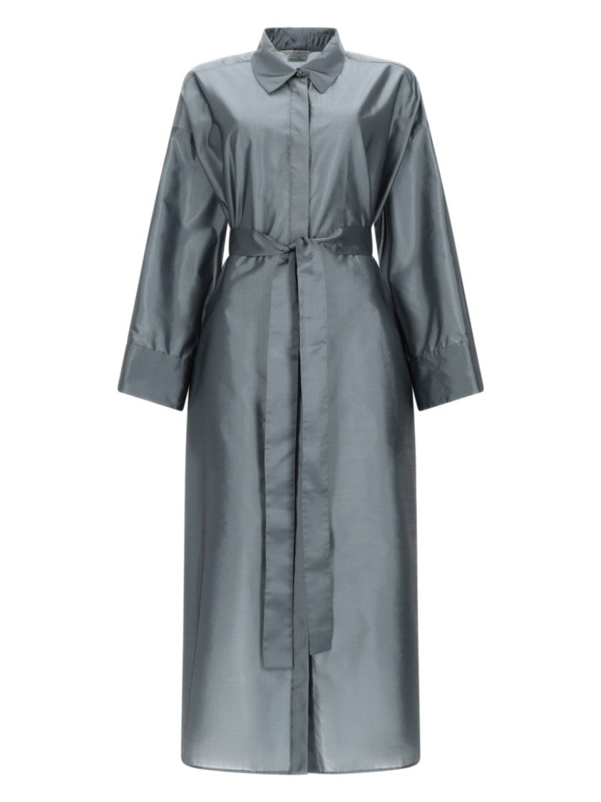 Max Mara Grey Midi Chemisier Dress With Button-Down Front And Matching Belt