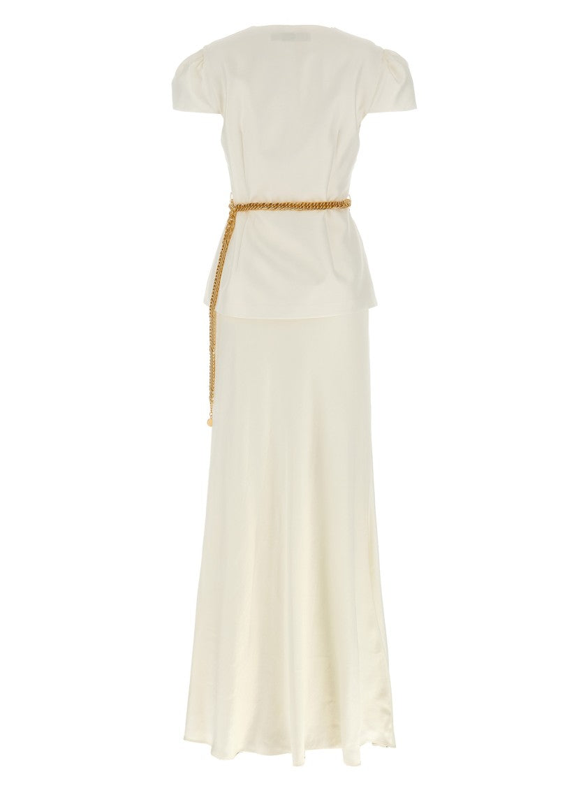 Self-Portrait Cream Taffeta Chain Belt Maxi' Dress