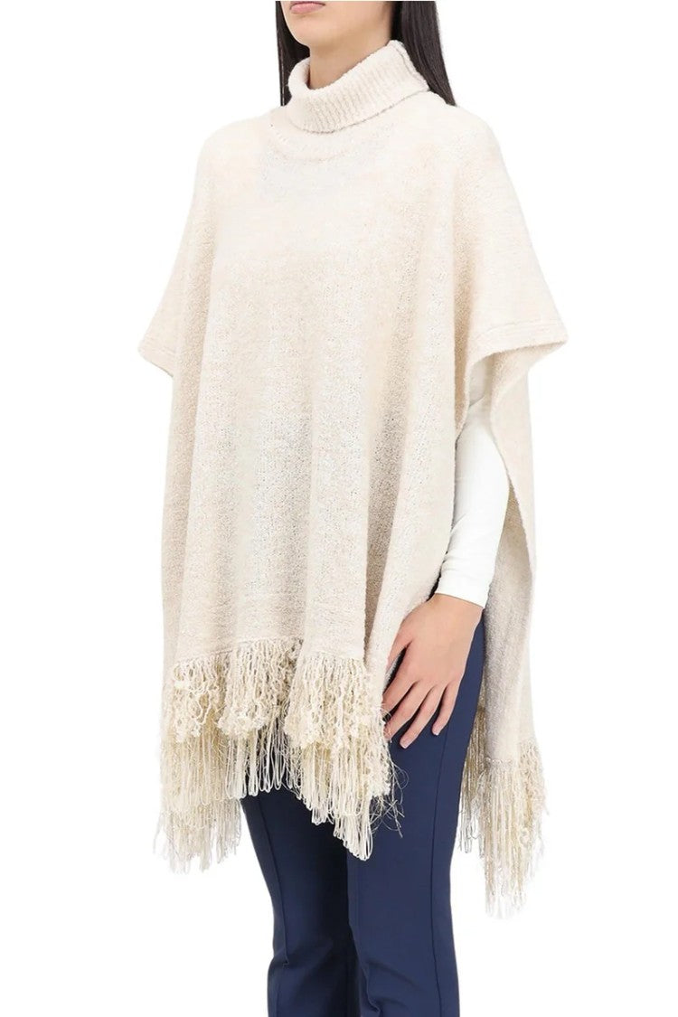 Simona Corsellini Textured Knit Poncho With Fringed Edges