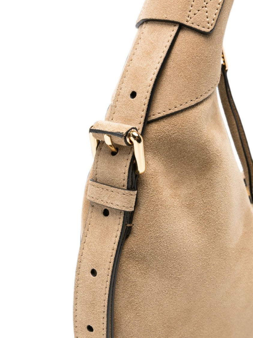 Moschino Crescent-Shaped Suede Bag With Gold Hardware Accents