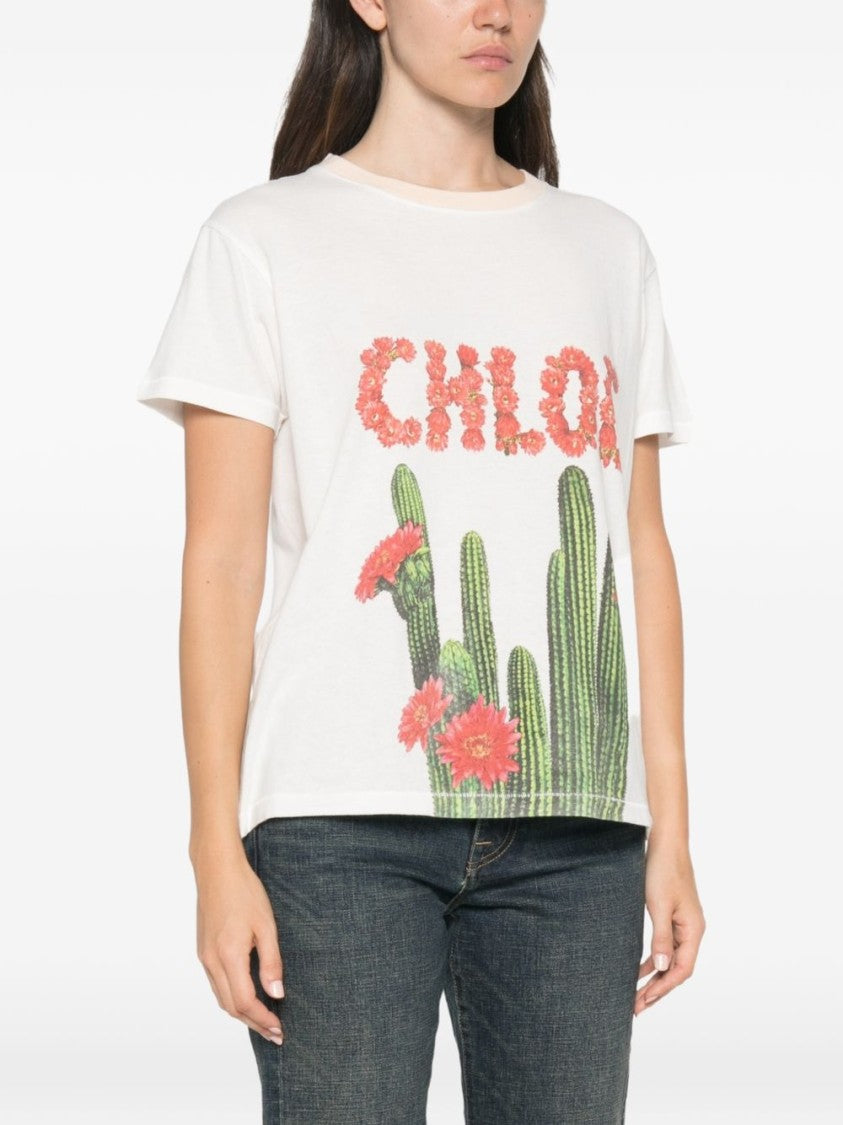 Chloé White Cotton T-Shirt With Cactus Graphic And Floral Branding