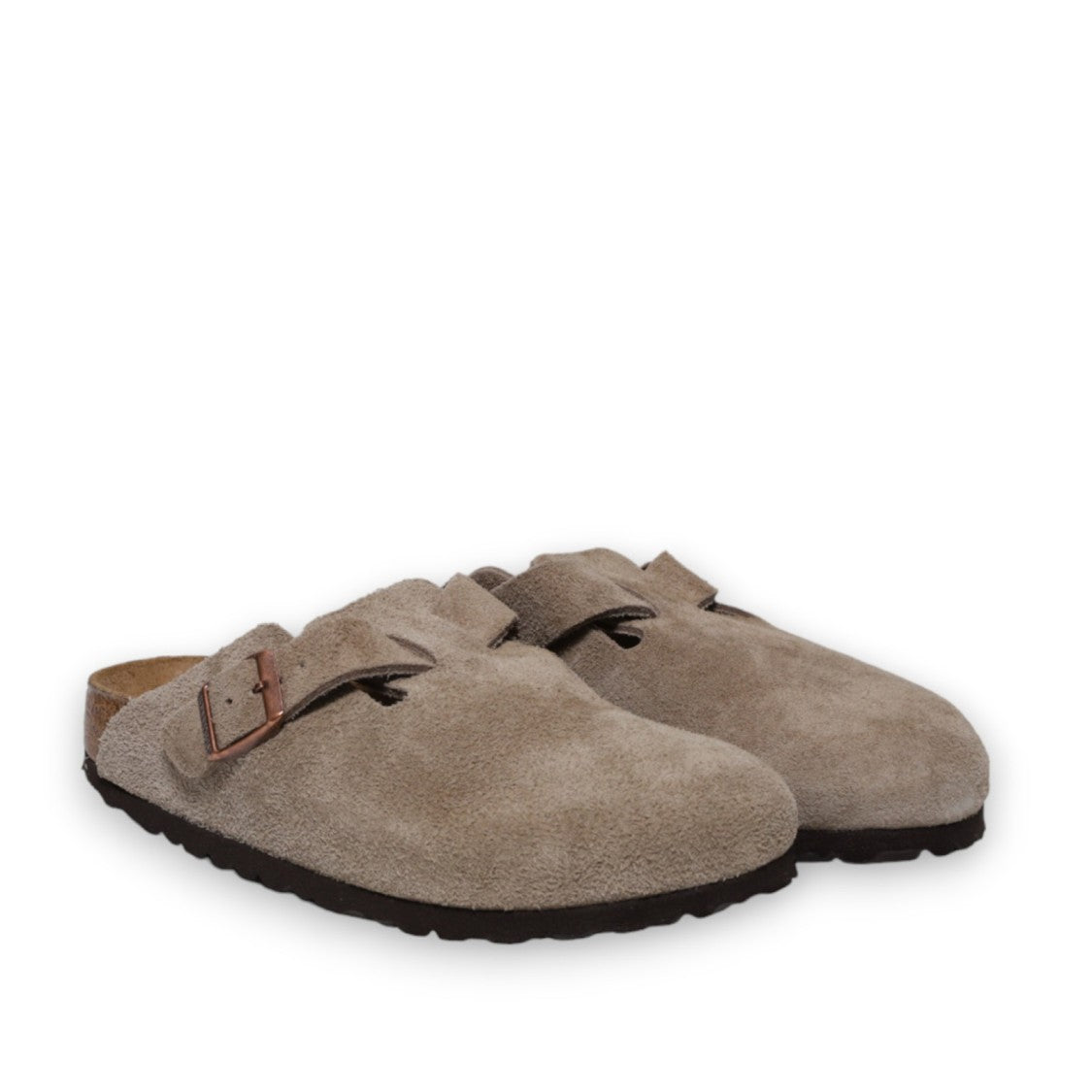 Birkenstock Suede Taupe Boston Clogs With Adjustable Buckle