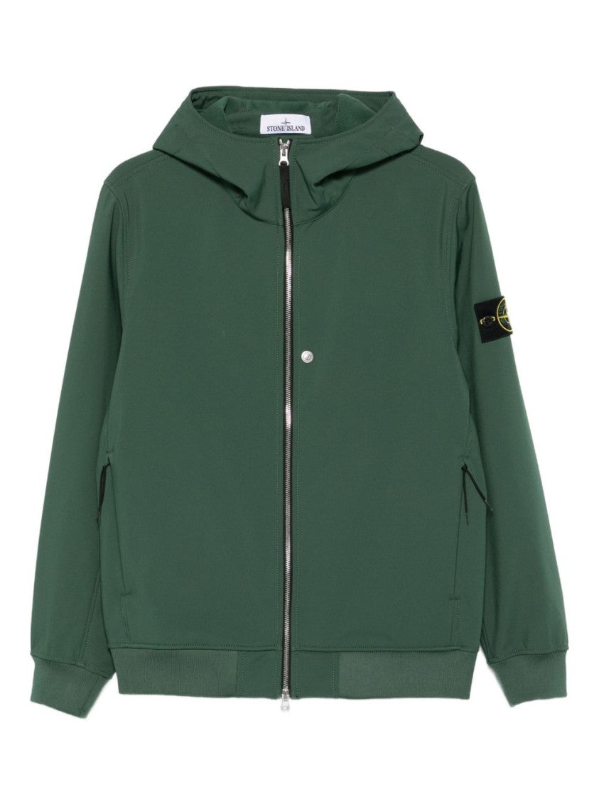 Stone Island Technical Green Hooded Jacket With Logo Badge