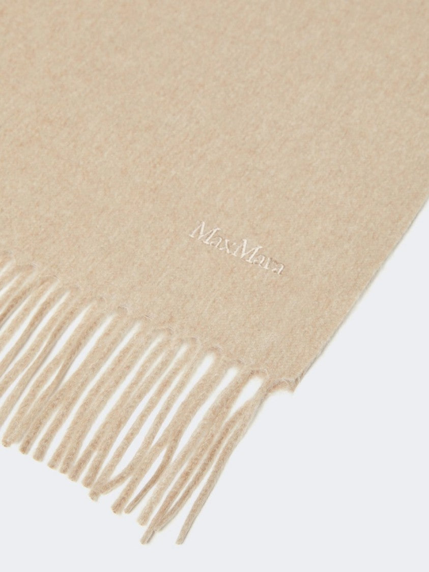 Max Mara Neutral Cashmere Fringed Logo Scarf