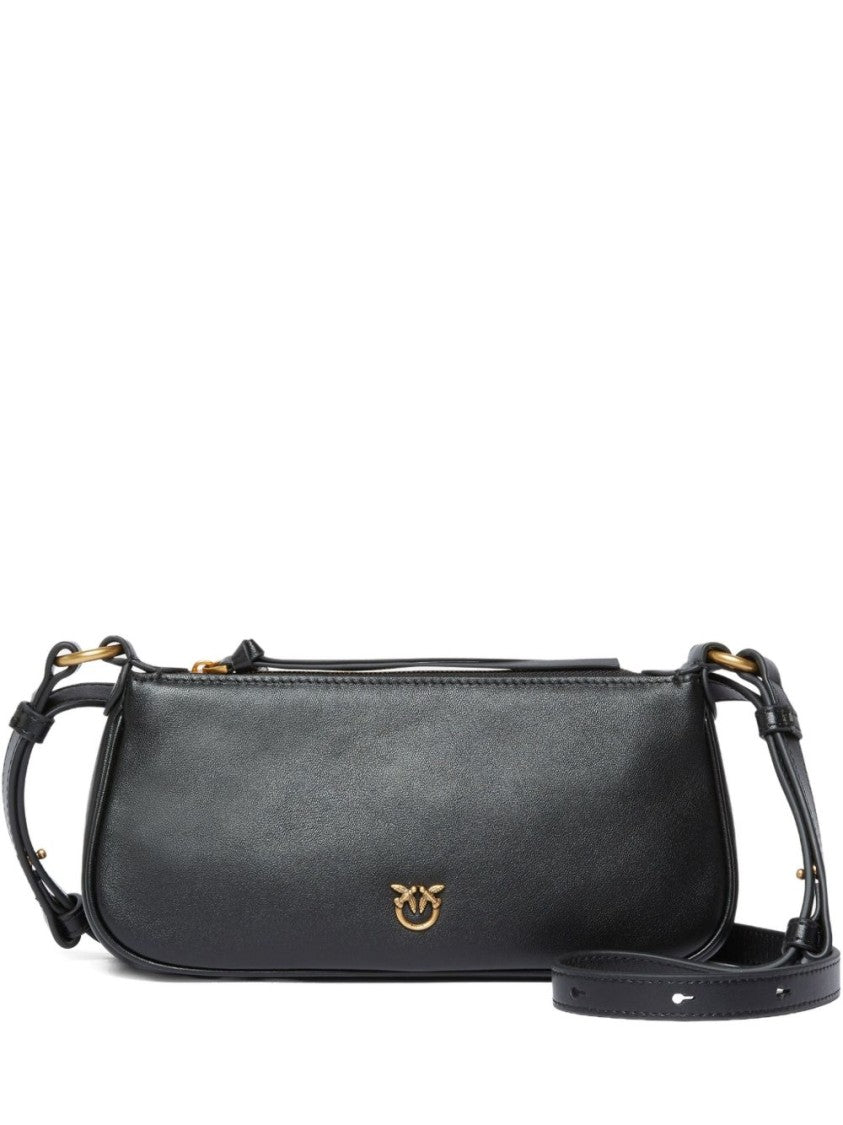 Pinko Minimalist Black Leather Shoulder Bag With Gold-Tone Accents