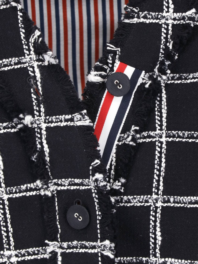 Thom Browne Cropped Black Windowpane Check Cotton-Blend Tweed Blazer