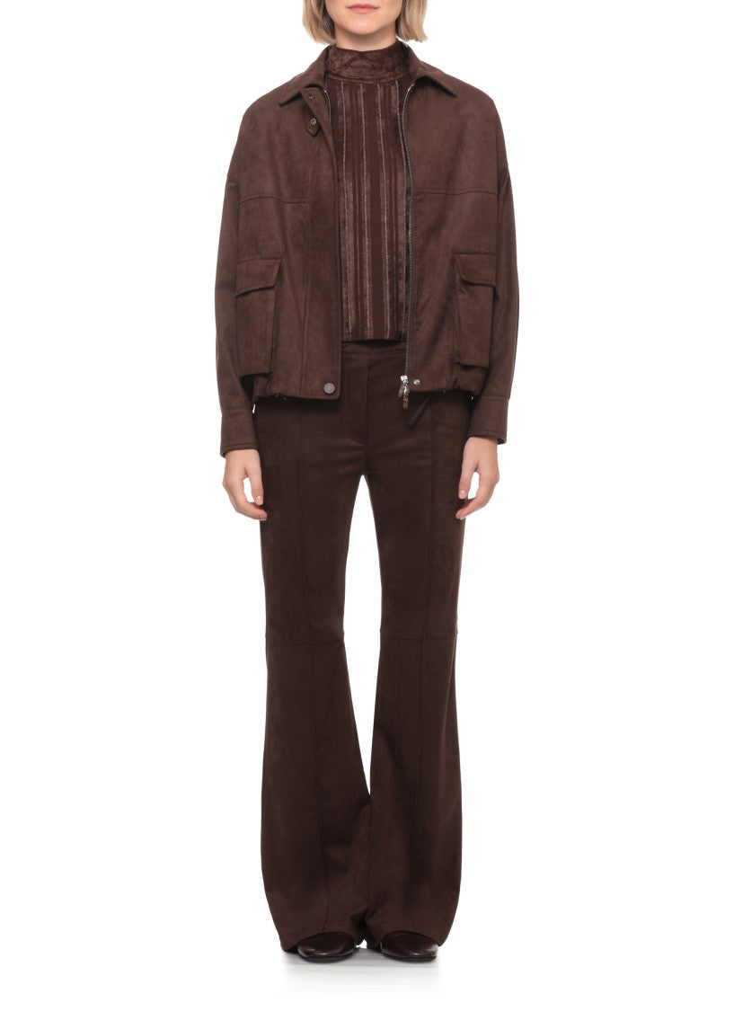 D. Exterior Brown Synthetic Leather Zip Bomber Jacket