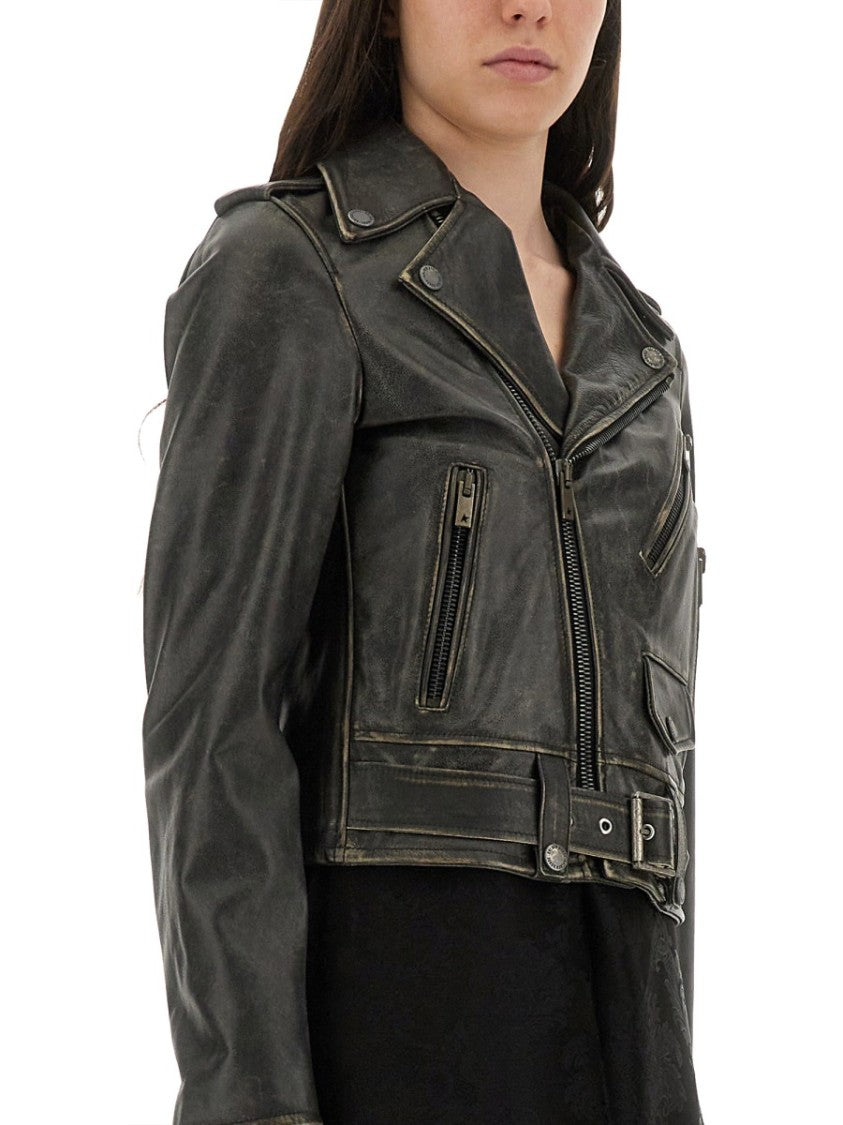 Golden Goose Cropped Black Leather Biker Jacket